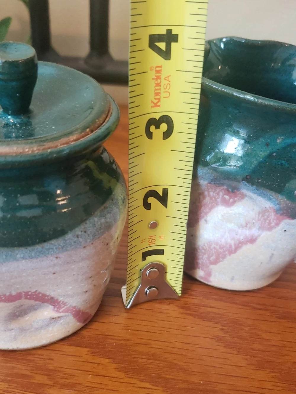 Vtg Handcrafted Stoneware Creamer and Sugar Jar With Spoon - Teal and Cream